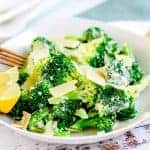 Broccoli Caesar salad served in a white bowl.