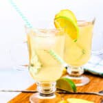 Homemade ginger ale served in a glass with a wedge of ginger and lime on the rim of the glass, side angle shot.