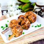 Japanese chicken meatball tsukune served on a white plate on the skewer.