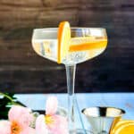 Orange rum soda served with a slice of orange in a cocktail glass, side angle shot.