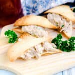 Japanese Tuna Sandwich served with low carb baked bread on a wooden serving board.