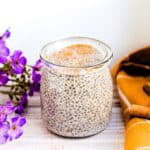Churro chia seed pudding served in a glass jar.