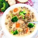Creamy ground beef stew served in a serving bowl.