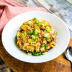 Japanese pork fried rice chahan served in a bowl.