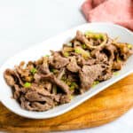 Beef brisket stir fry served on a plate.