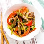 Japanese steak stir fry served on a plate.