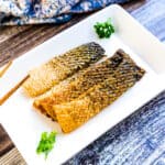 Japanese style salmon skin served on a plate.