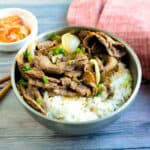 Freshly made beef brisket rice bowl topped with green onions.