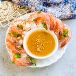 Japanese style shrimp served on a plate along with spicy miso dipping sauce.