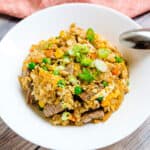 Japanese hibachi steak fried rice served in a bowl.