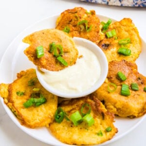 The crab cake is dipped in lemon garlic aioli.