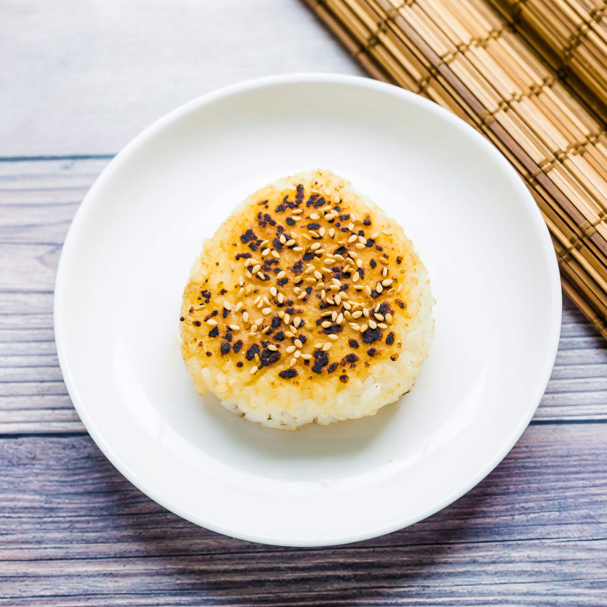 Miso Yaki Onigiri rice balls served on a plate. 