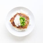 Japanese hamburger served on top of rice in a bowl drizzled in Japanese wafu sauce and topped with green onions.